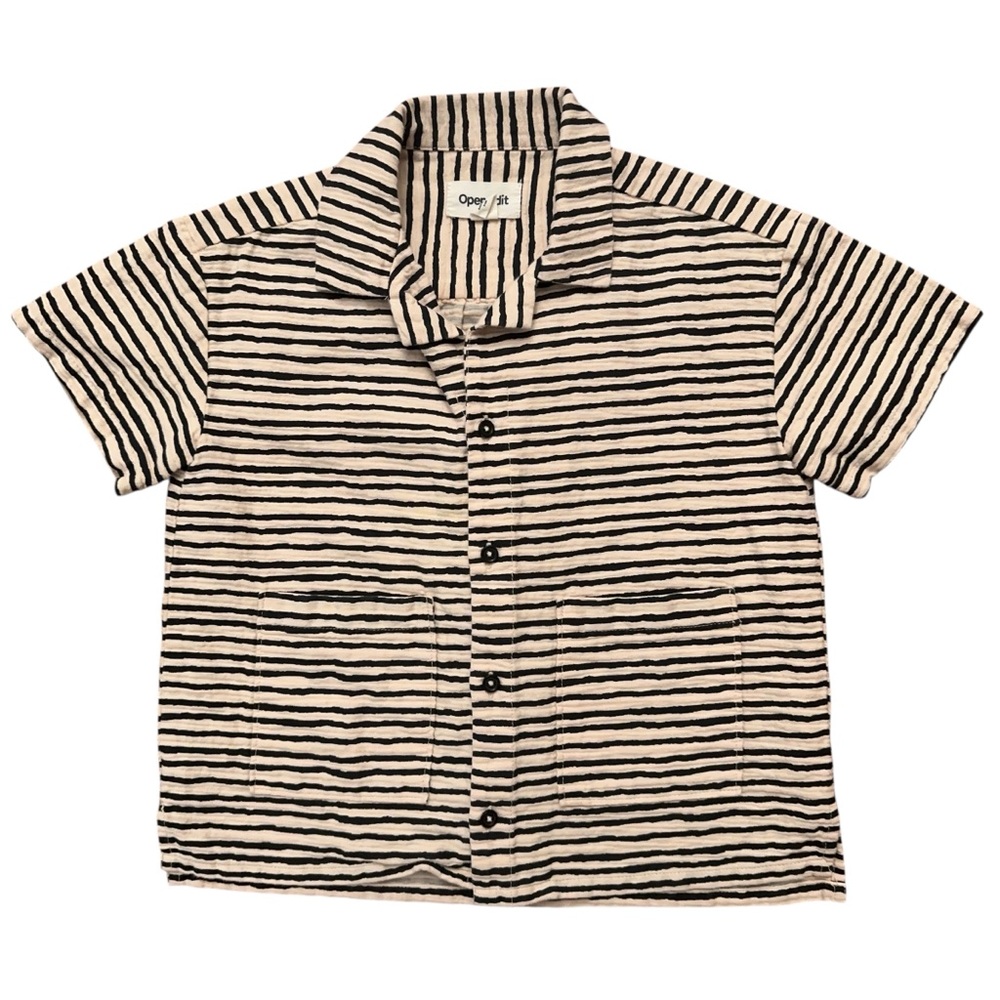 Open Edit Shirt Boys Size 5 Short Sleeve Button Hawaiian Tiger Stripe Beige